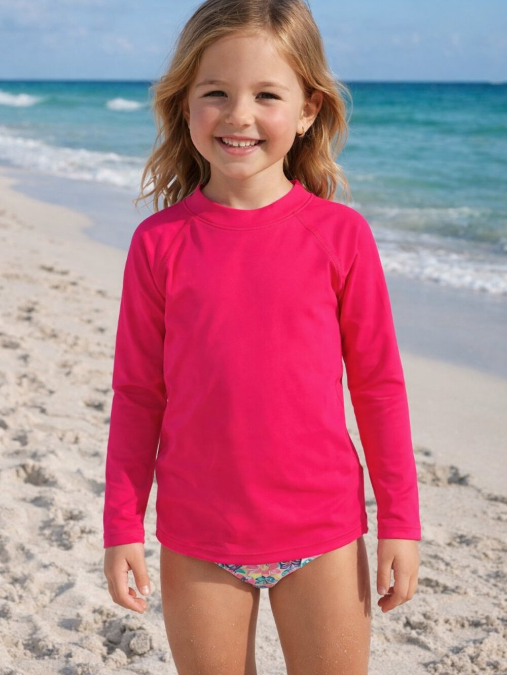 Girls' Long Sleeve Rash Guard Top in Hot Pink